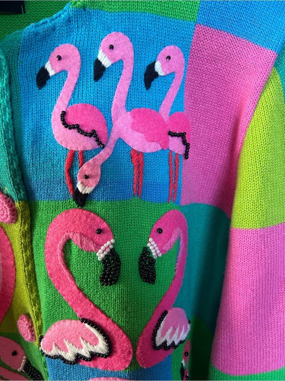 Vintage 1999 Michael Simon Flamingo, Patchwork Cardigan with Beaded Appliqué - Picture 4 of 4